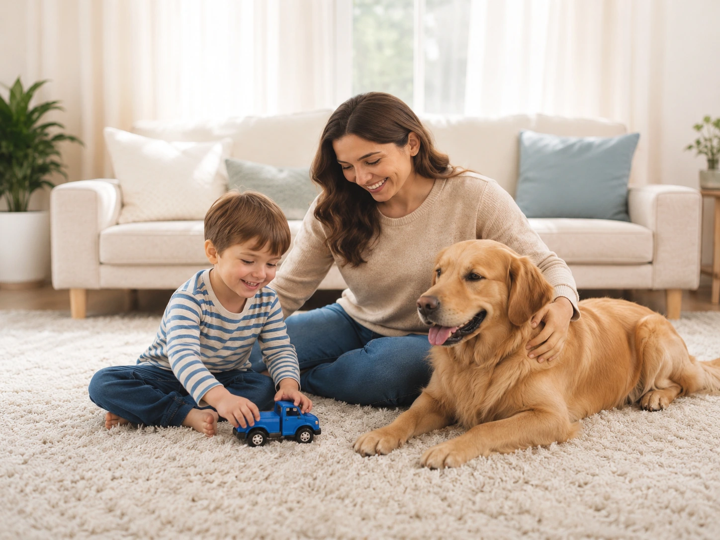 Mother with young son and dog sitting on a clean white carpet