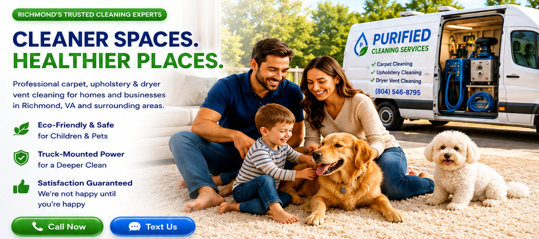 Family with pets on clean carpet and Purified van in background
