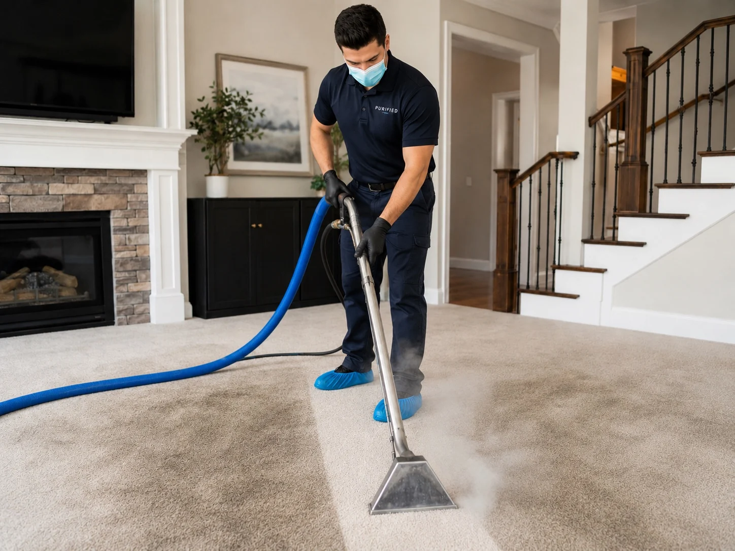 Purified Cleaning Services technician professionally cleaning carpet in a living room